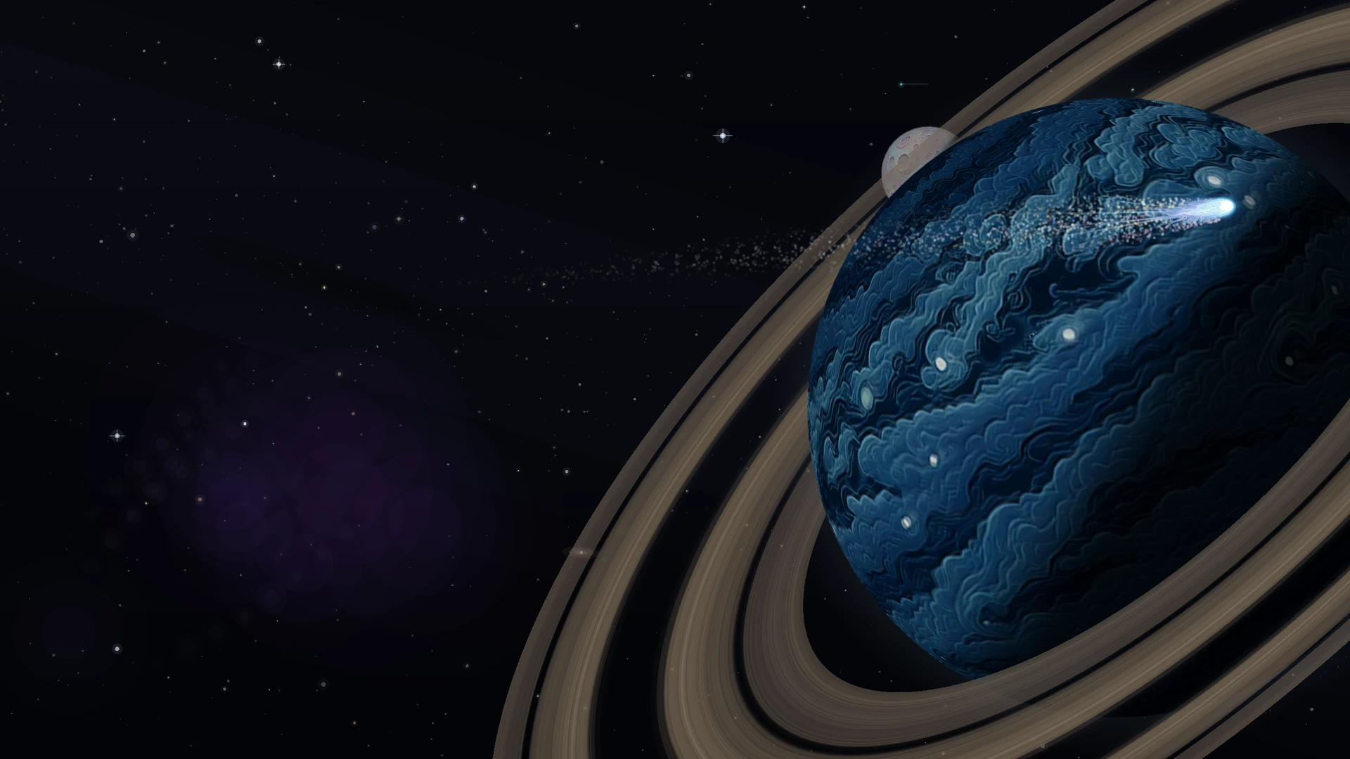 A ringed blue gas giant with a comet passing in front of it, from the game's title screen.
